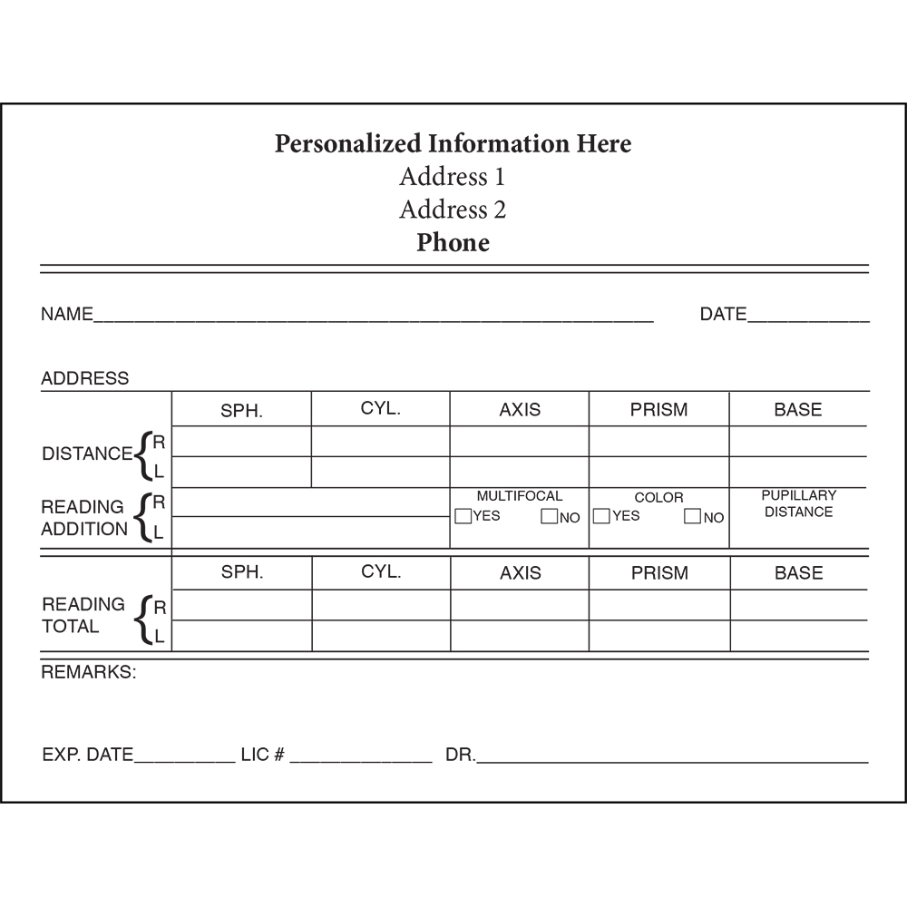 Personalized Eyeglass Rx Form (12 pack)