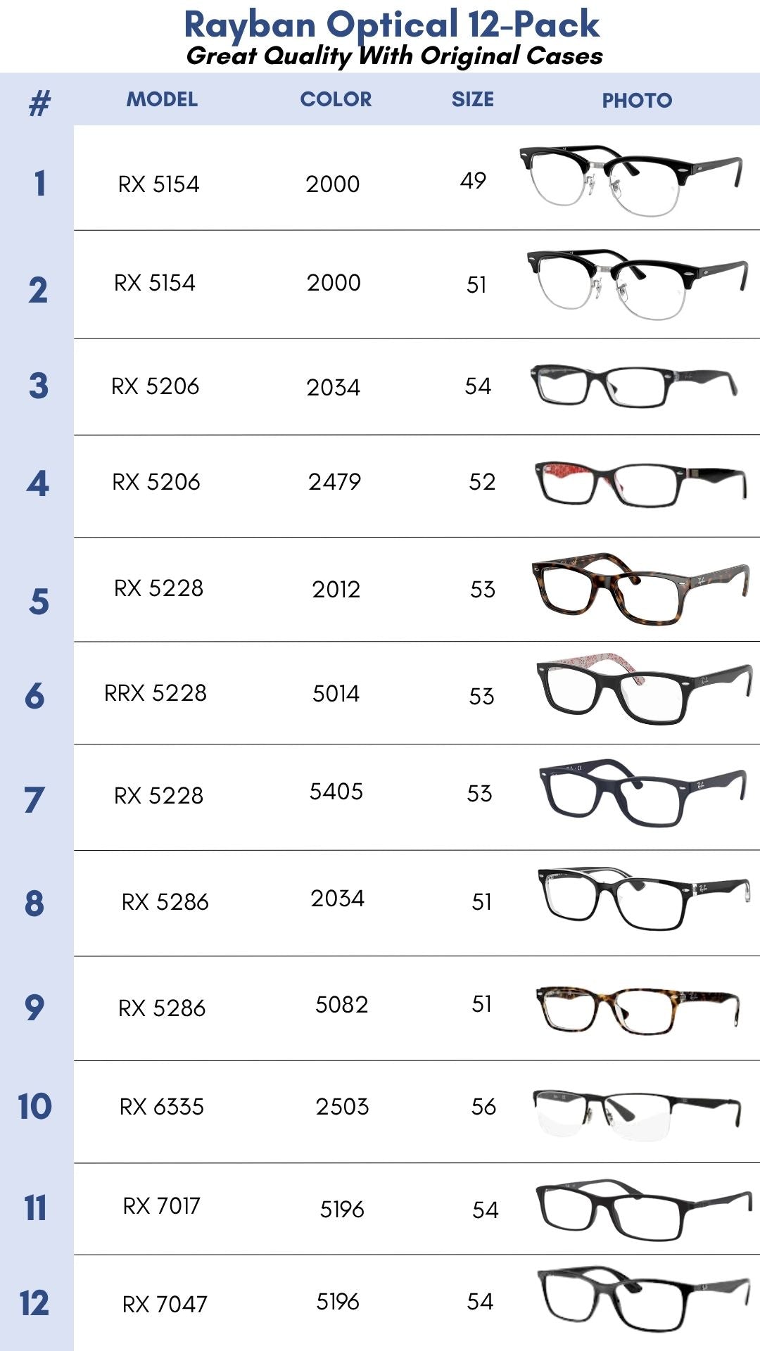 Ray Ban Optical 12-Pack for Men and Women