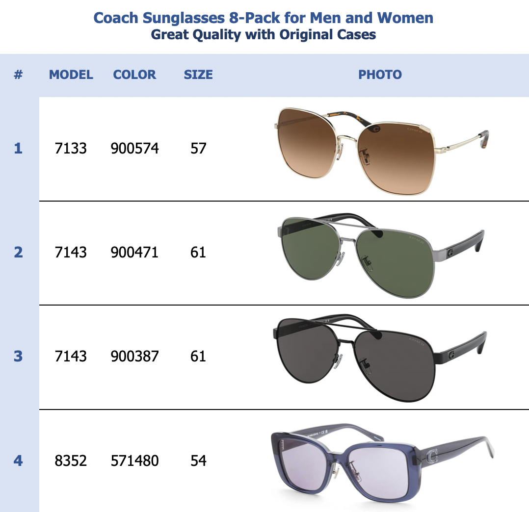 Coach Sunglasses 8-Pack for Men and Women