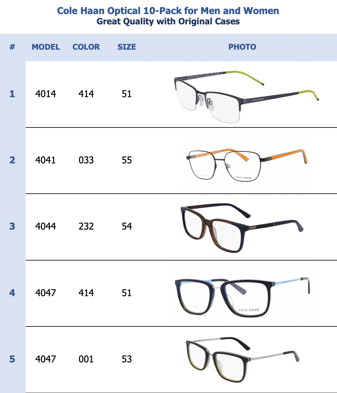 Cole Haan Optical 10-Pack for Men and Women
