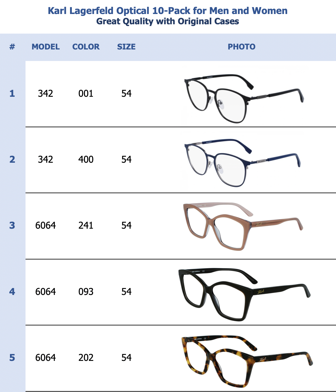 Karl Lagerfeld Optical 10-Pack for Men and Women