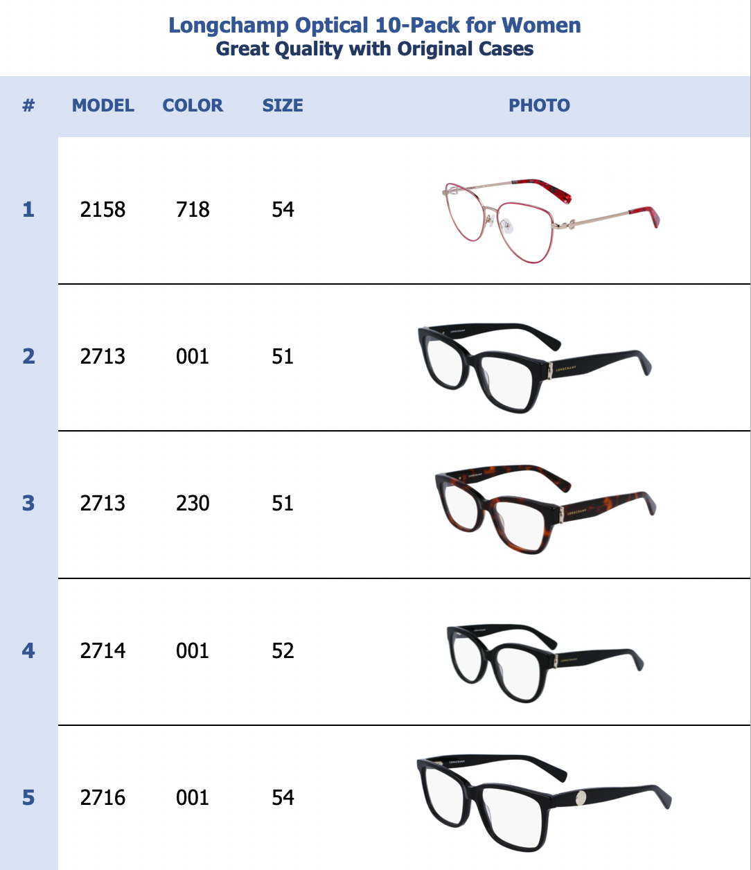 Longchamp Optical 10-Pack for Women