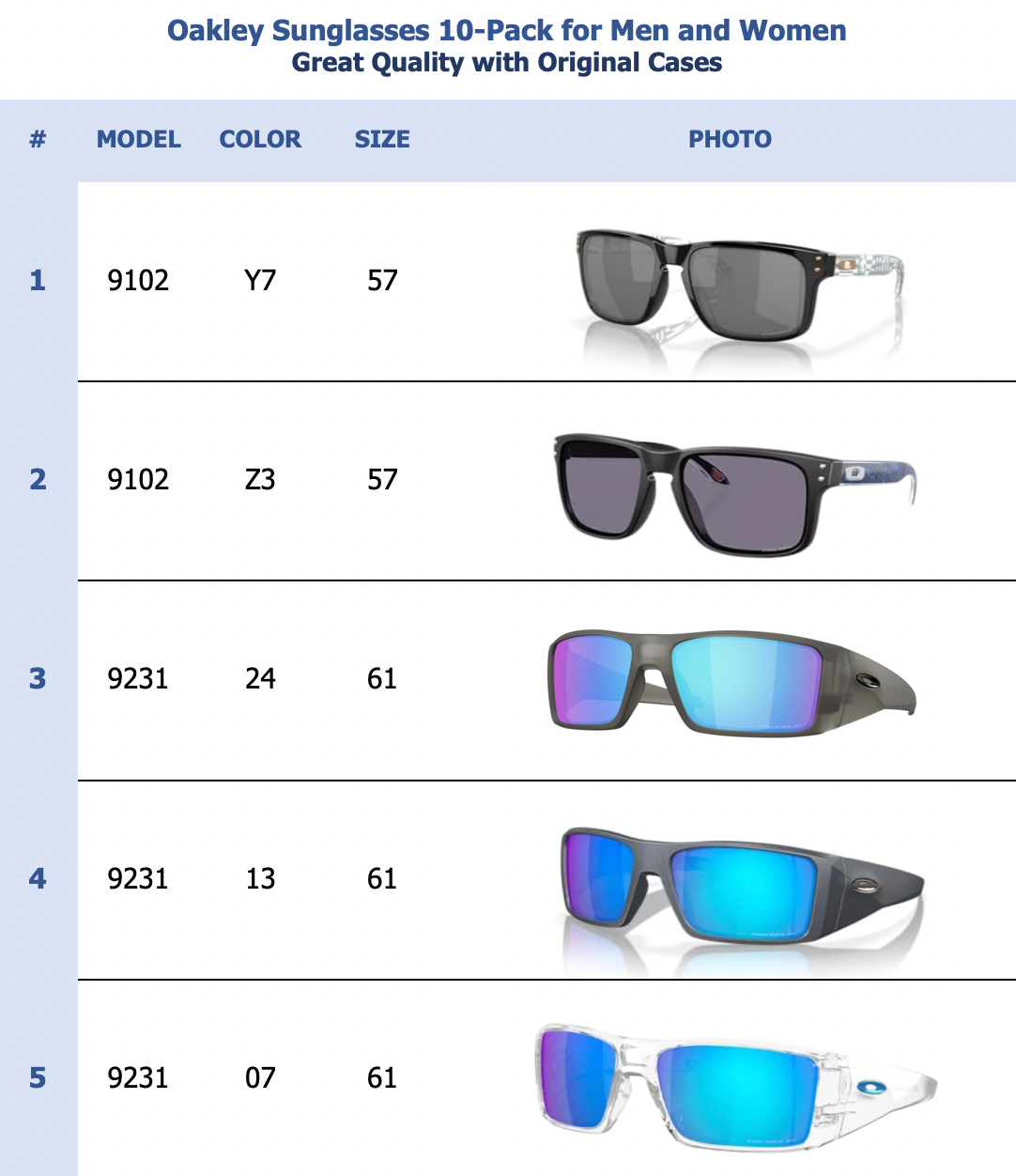 Oakley Sunglasses 10-Pack for Men and Women