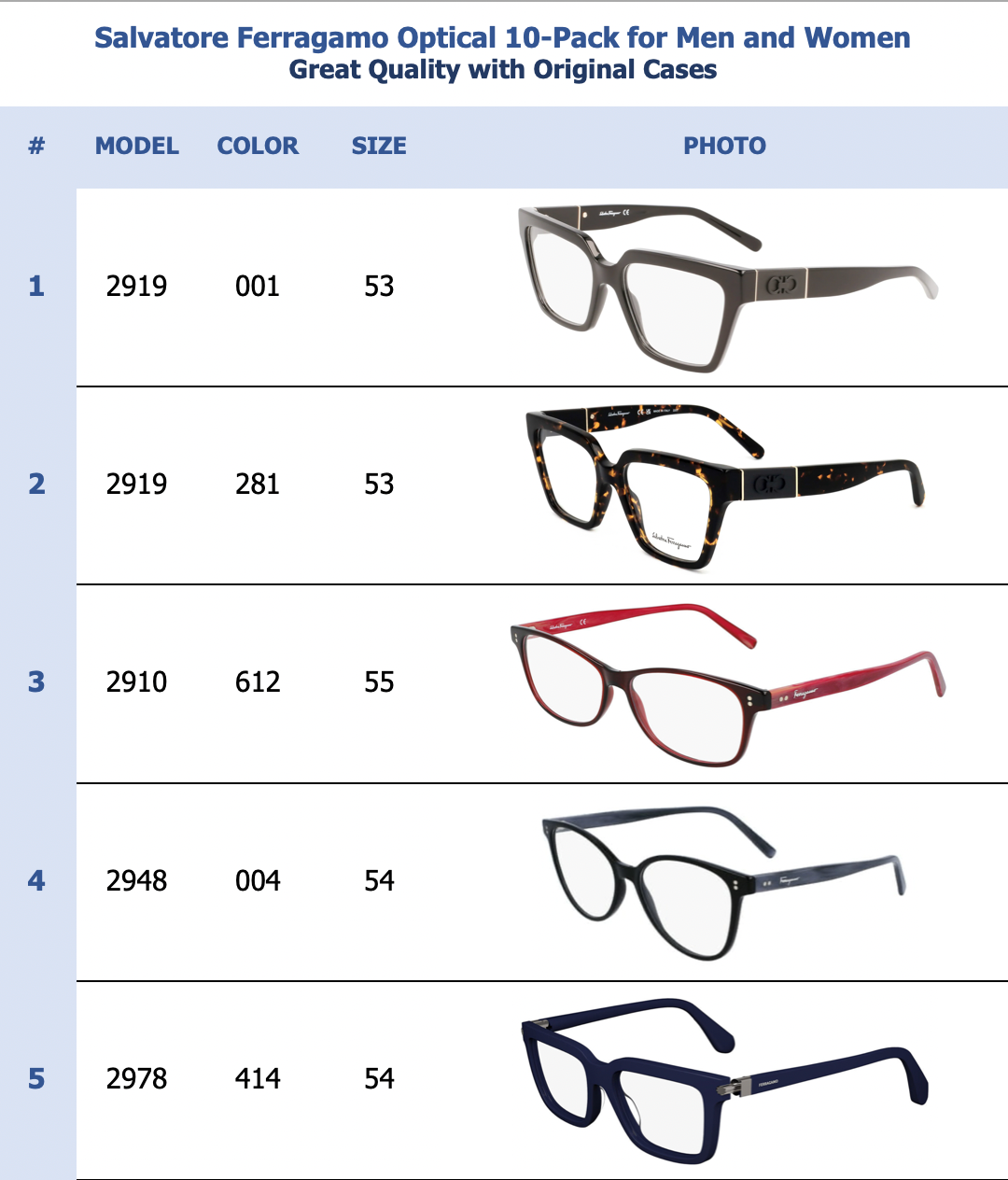 Salvatore Ferragamo Optical 10-Pack for Men and Women