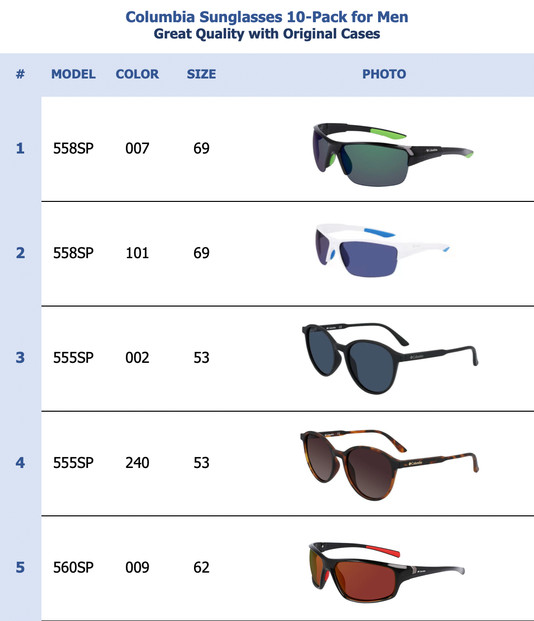 Columbia Sunglasses 10-Pack for Men