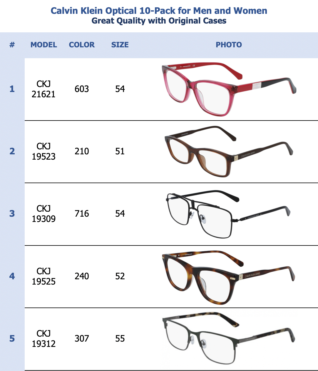 Calvin Klein Optical 10-Pack for Men and Women