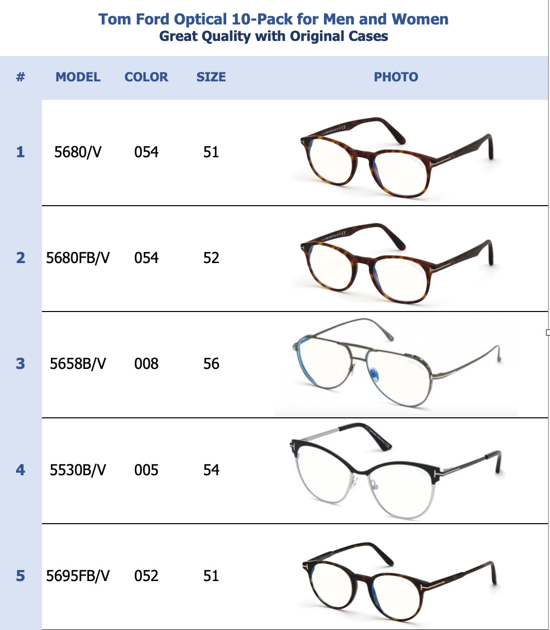 Tom Ford Optical 10-Pack for Men and Women