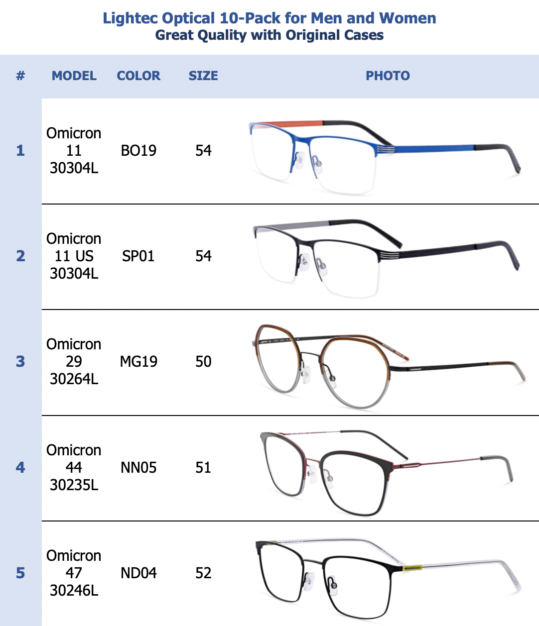 Lightec Optical 10-Pack for Men and Women