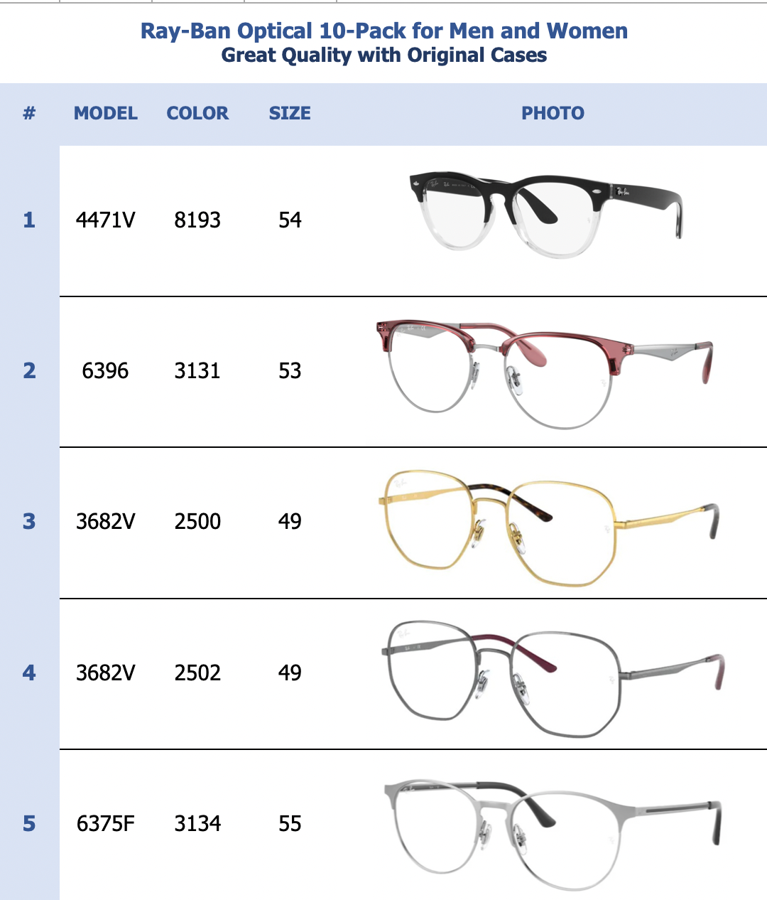 Ray-Ban Optical 10-Pack for Men and Women
