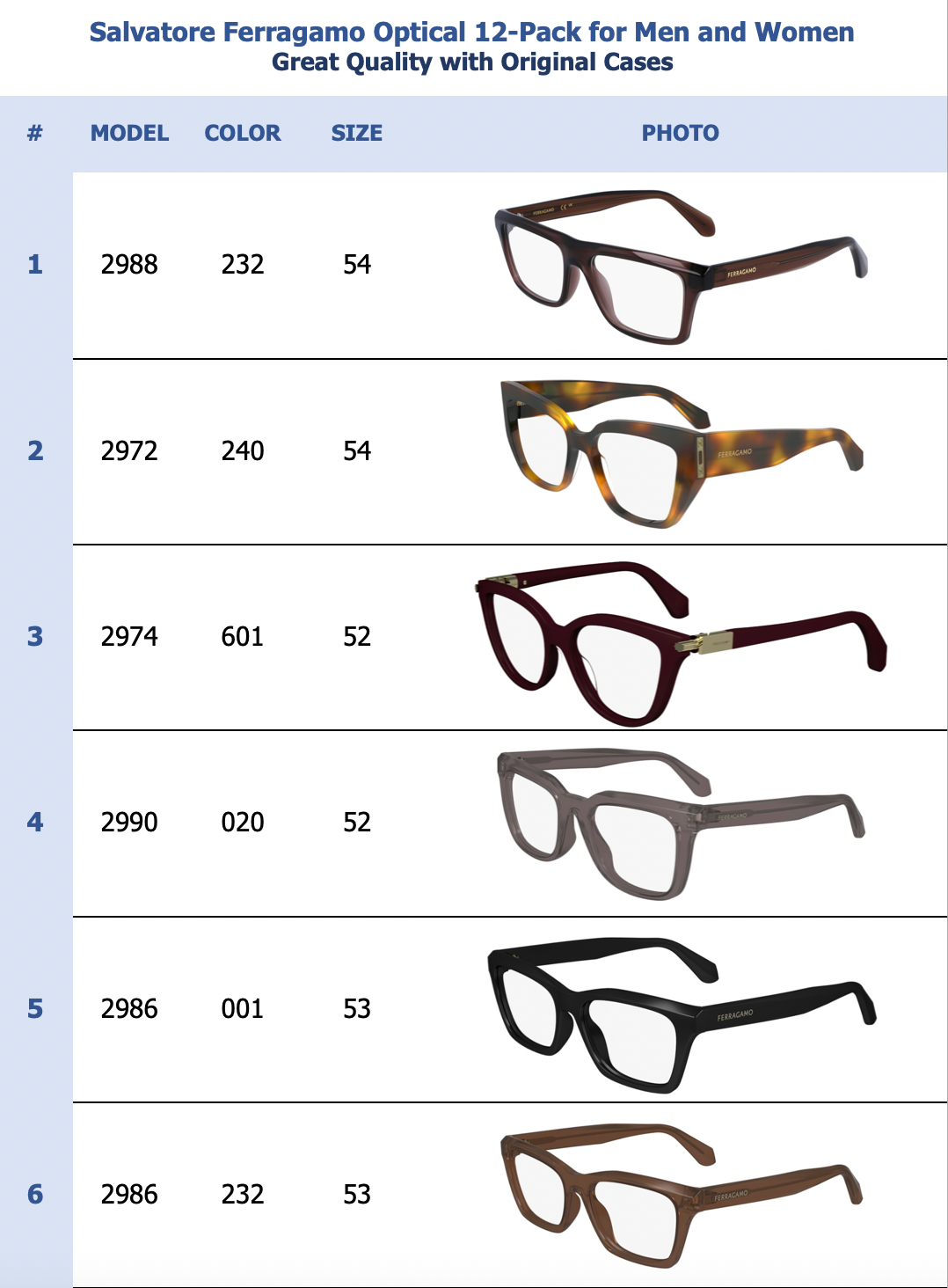 Salvatore Ferragamo Optical 12-Pack for Men and Women