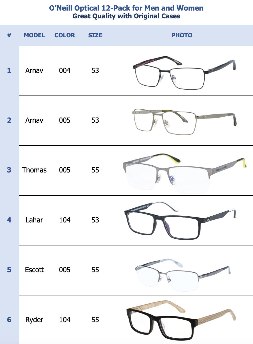 O'Neill Optical 12-Pack for Men and Women