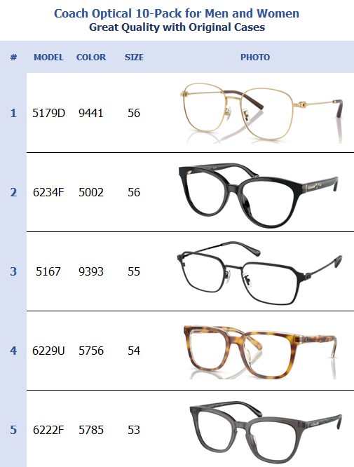 Coach Optical 10-Pack for Men and Women