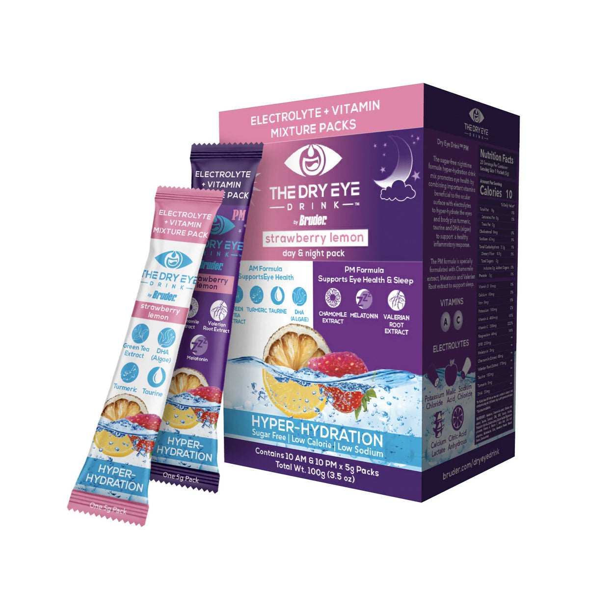 Dry Eye Drink™ Complete Set – Daytime & PM Hydration for Dry Eyes (Strawberry Lemonade, 20 Packets) 10 each